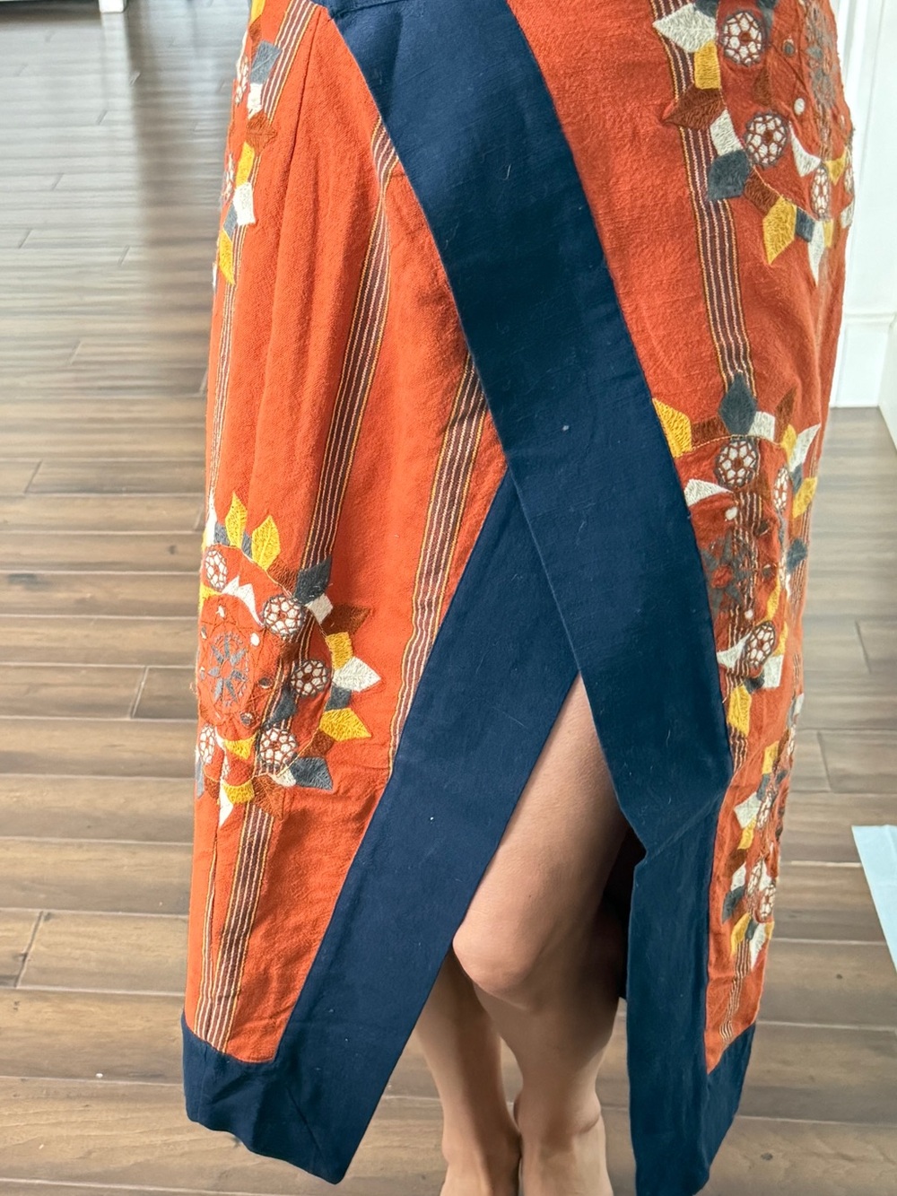 Free people Embroidered Orange Midi Skirt with Navy Panel
